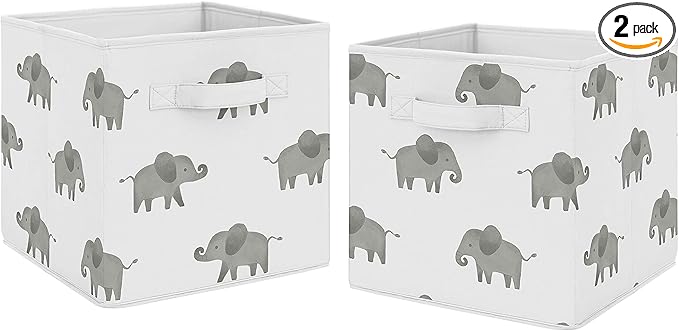 Sweet Jojo Designs Grey and White Watercolor Elephant Safari Organizer Storage Bins for Collection - Set of 2
