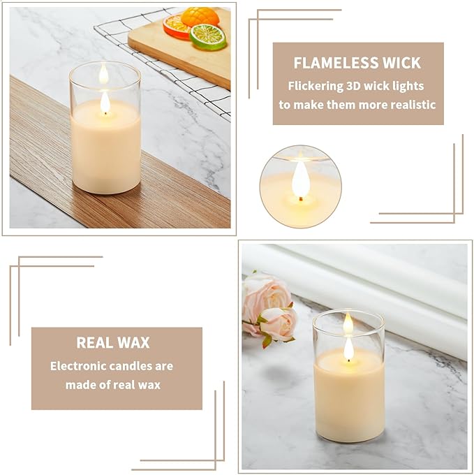 Flickering Flameless Candles, Battery Operated Candles with 3D Wick, Last 1000+ Hours LED Candle with Remote and Timer, Rechargeable Candle Real Wax White Glass, Home Decor 3" x 5"