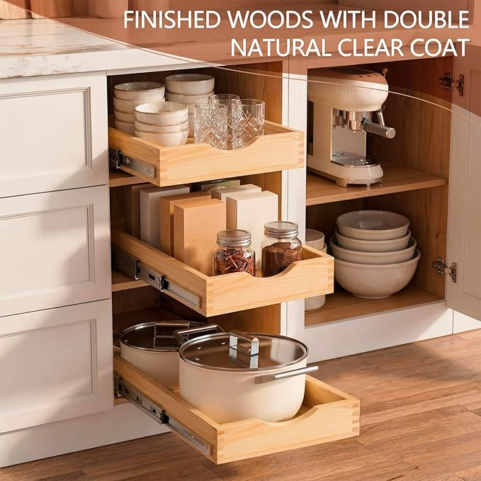 Sintuff 4 Pack Wooden Pull out Tray Cabinet Organizer Gentle Close Roll out Shelves for Kitchen Cabinets Fully Assembled Slide Pantry Shelves (12'' X 21'')