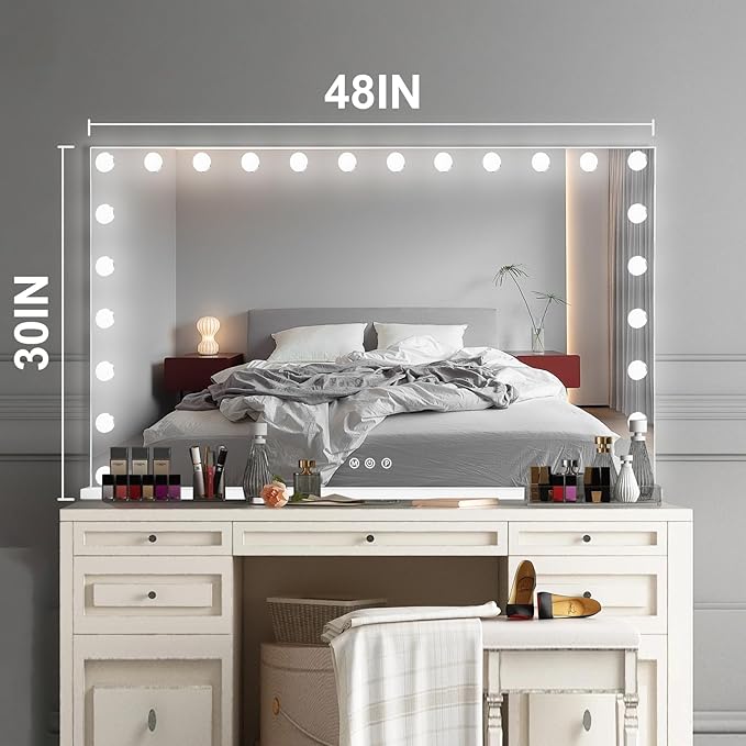 Ratsamee Hollywood Vanity Mirror with Lights, 24 Dimmable Bulbs, 3 Color Lights,Make Up Lighted Mirror, Aluminum Metal Frame, USB Charging Port（48" x 30"）