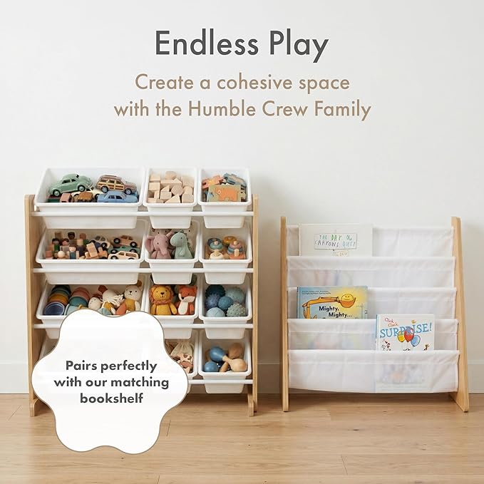 Humble Crew Kids Toy Storage Organizer with 12 Plastic Bins, Natural Wood/White – Removable Bins for Playroom, Bedroom, Toddler Furniture for Boys and Girls Ages