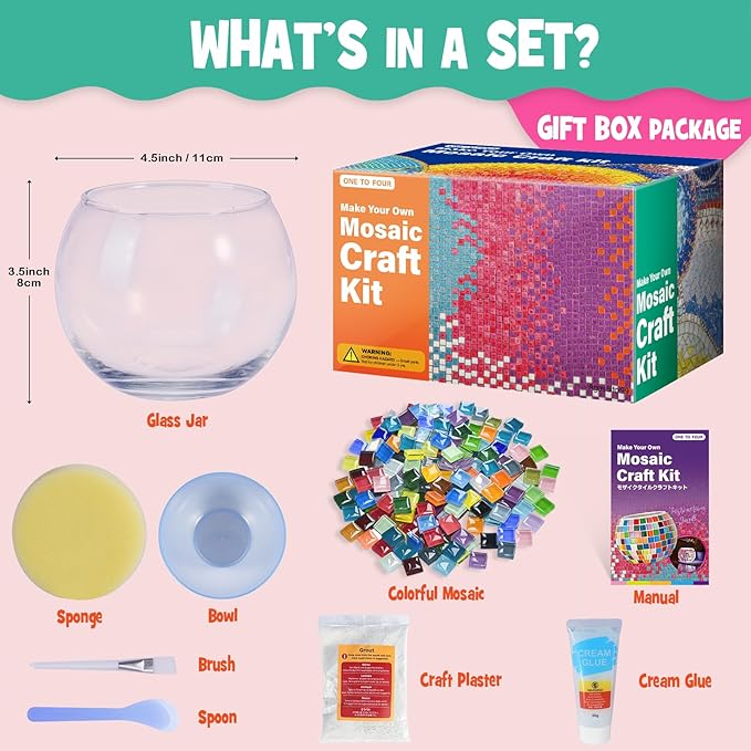 Glass Mosaic Candle Holder Kit - DIY Mosaic Kits for Adults & Crafts for Girls 8-12 - Arts and Crafts for Kids, Tealight Candle Holder for Home Decor, Birthday Easter Gifts for Kids Ages 6 7 8-12