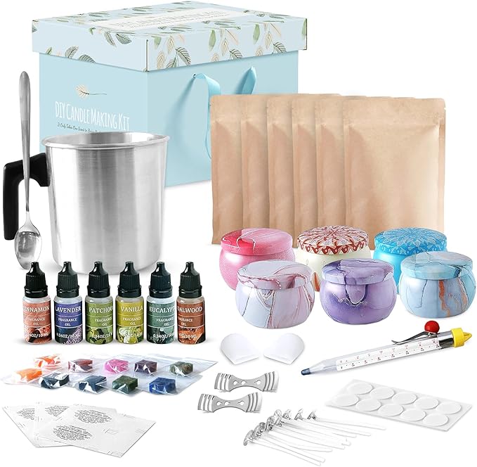 DALIBO DIY Candle Making Kit - Complete Starter Set for Beginners with Natural Soy Wax, Jars, Essential Oils, Melting Pot, Spoon, Wicks, Dye Blocks, Thermometer - Craft Supplies - 60-Pack,CMK-2021