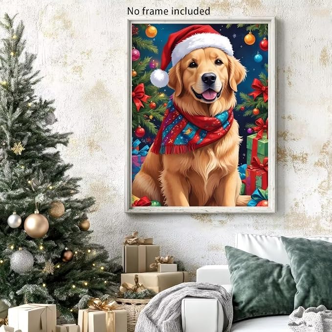 QZOTRXI 5D Dog Santa Hat Diamond Painting Kits for Adults, Full Drill Diamond Art Gift, DIY Christmas Dog Gem Pictures Paint Diamond Art Craft for Home Wall Decor 20x24 Inch