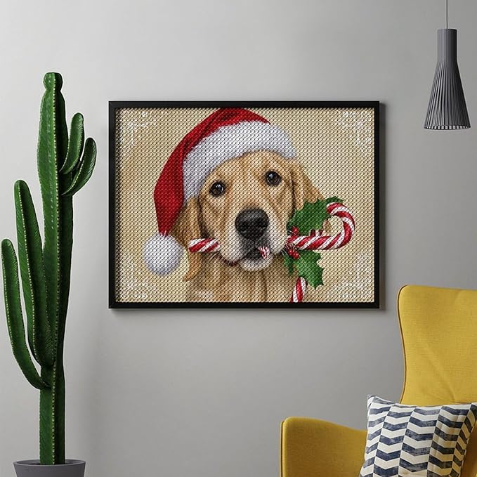 Diamond Painting Kits for Adults - Christmas Golden Retriever Puppy in Santa Hat with Candy Cane Painting DIY 5D Full Drill Diamond Dots Paintings with Diamonds Gem Art And Crafts Home Decor 12"x16"