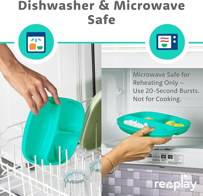 Re-Play Toddler Plates with Dividers & Silicone Lid - Deep-Walled 3 Compartments Divided Plates for Kids - Dishwasher/Microwave Safe - Made in USA - Set of 4-7.37" x 7.37" x 1.25" - A True Blue