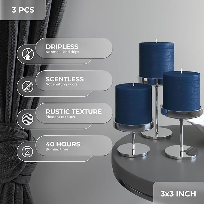 CANDWAX 3x3 Pillar Candles Set of 3 - Rustic Unscented No Drip Dark Blue Candles for Home Decor, Weddings, Centerpieces