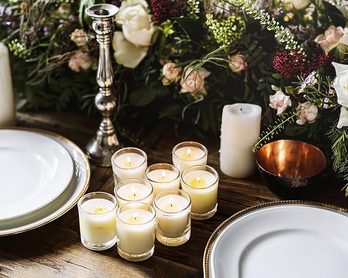Set of 4 White Votive Candles for Home Décor Weddings Holidays Party and DIY, Unscented Soy Wax Candle Filled in Clear Glass