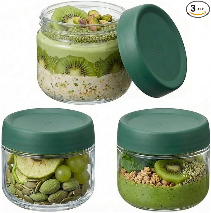 Povinmos® 3Pack Overnight Oats Containers with Lids,10oz Glass Jar with Scew Lid,Salad Dressing Fruit Veggies Sauce Snacks Meal Prep Food Containers,Spice Jars,Wide Mouth Storage Containers