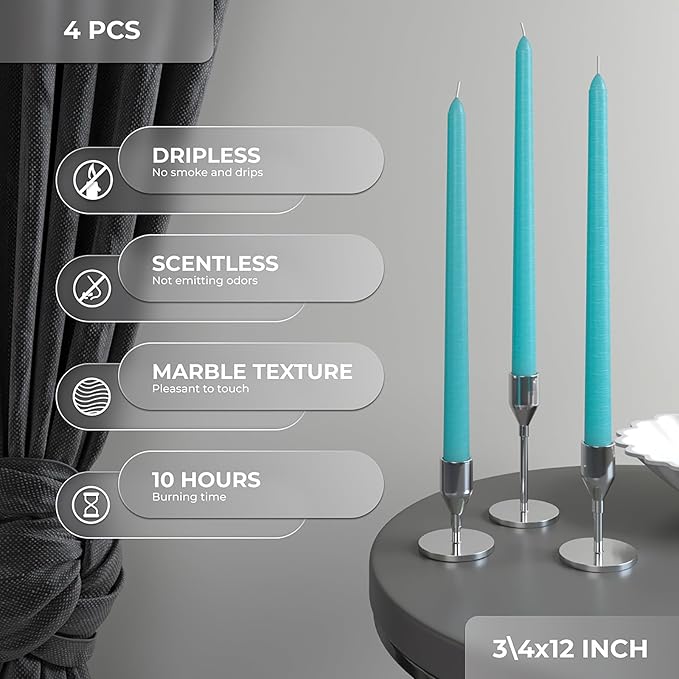 CANDWAX 12 inch Turquoise Taper Candles Pack of 4 - Unscented Smokeless Dripless Teal Candlesticks - Perfect for Holidays, Ordinary Dinners and Special Occasions - Tall Taper Candles