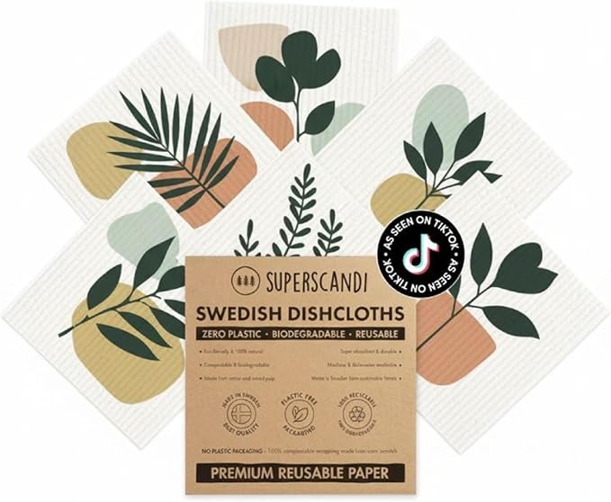 SUPERSCANDI 5 Pack Swedish Dishcloths for Kitchen - 100% Biodegradable & Compostable | Reusable Paper Towels Washable, Food-Safe & Without Plastic - Dish Rags Suitable for Any Surface | Botanic Print