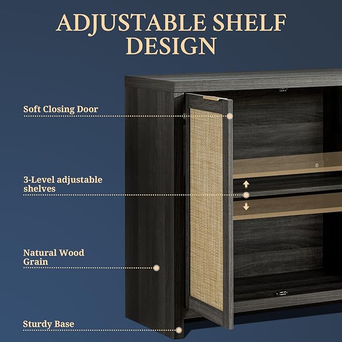OAKHAM HOME Kitchen Storage Cabinets, Buffet Cabinet with Storage Rattan Sideboard Cabinet Organizer 3 Drawers and 2 Doors Accent Console Table for Kitchen Hallway Living Room bar (Midnight Oak)