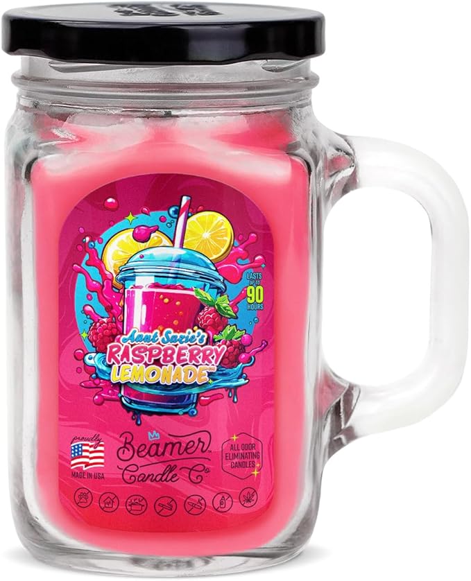 Aunt Suzie’s Raspberry Lemonade Candle – Strong Scent – Raspberry with Fresh Lemon – Long Lasting 90 Hour Burn – Large 12oz Mason Jar – Made in USA – Beamer Candle Co.
