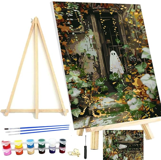 Meothan Framed Paint by Numbers Kits for Adults, Halloween Paint by Number for Adults Beginners, Paint by Numbers Kits on Canvas with Framed and Easel for Home Wall Decor 11.8x15.7inch (Ghost)