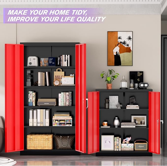 Superday Metal Storage Cabinets, 72" Storage Cabinet with Locking Door, Tall Garage Cabinet with 2 Doors and 4 Adjustable Shelves for Home Office, Classroom, Easy Assemble(Black Red)