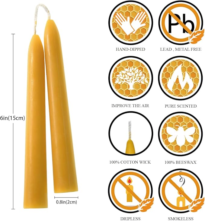 6'' Natural Beeswax Taper Candles Set of 12, DEYBBY Smokeless and Dripless Beeswax Candles, 4-5Hrs Burn Time, Nontoxic