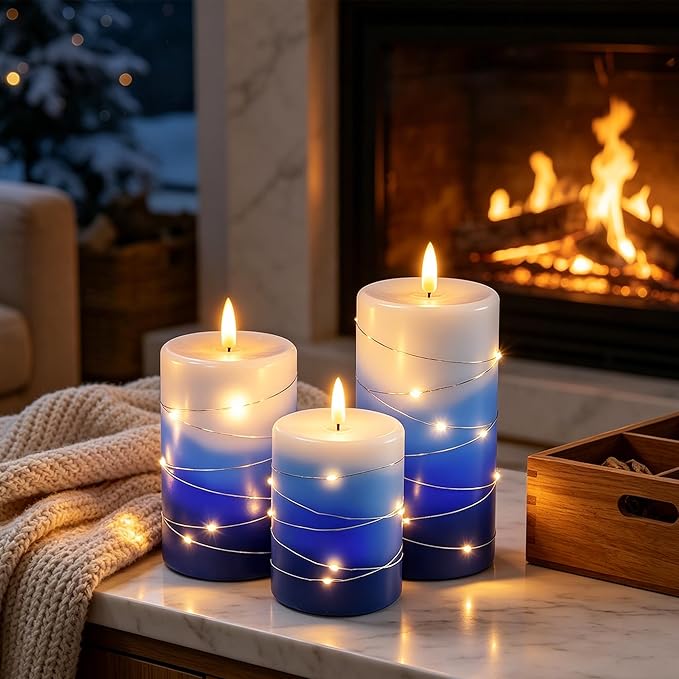Flameless Candles with String Lights, Battery Operated Candles with Remote Control and Timer,Flickering LED Pillar Candles for Home Decoration,Real Wax, Gradient Blue (3-Pack)