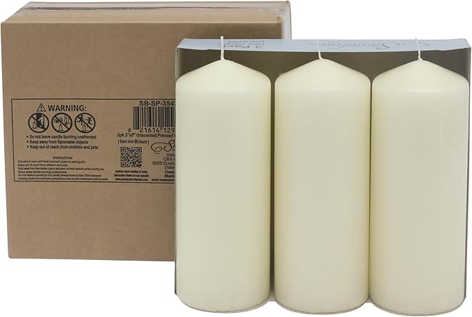 Stonebriar 3 Pack Tall 3 x 8 Inch 80 Hour Long Burning Unscented Ivory Wax Pillar Candles