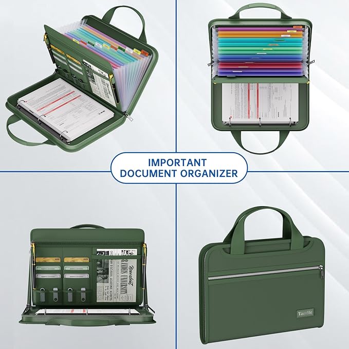 Fireproof Accordion File Organizer with Handle, 13 Pocket Expanding File Folder with Zipper & Labels, File Folder with 3 Ring Binder, Multi Pockets Paper Organizer Folder for Letter A4 Files (Green)