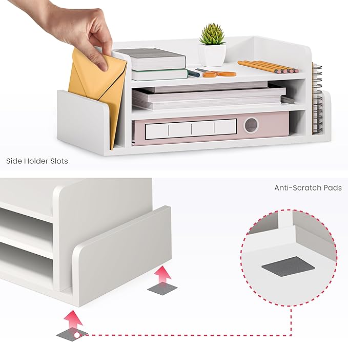 Ballucci 3-Tier Desk Organizer with 2 Side Mail Sorter Slots, Wood Letter Tray, Open Top Paper Organizer, Desktop File Organizer, White