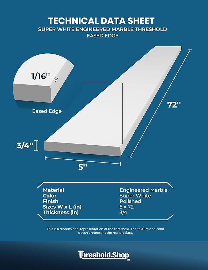 Super White Engineered Marble Threshold for Shower Curb, Bathroom Vanity Backsplash, Window Sill, Door Transitions (5" x 72")