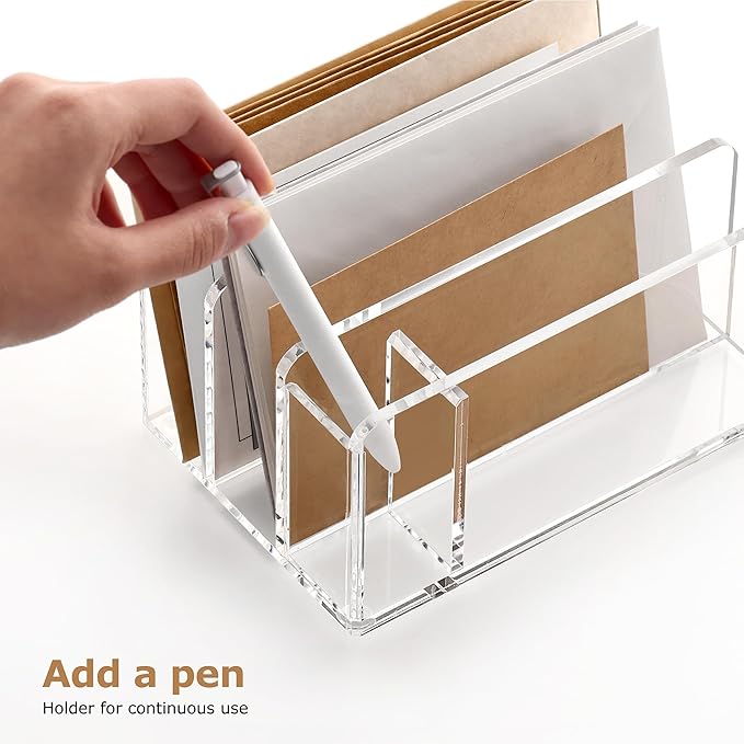 SANRUI Acrylic Mail Organizer, 3 Compartments Clear File Holder for Desk, Letter Sorter with Pen Holder, Countertop Document Sorter for Notebooks, Bills & Eyeshadow Palettes