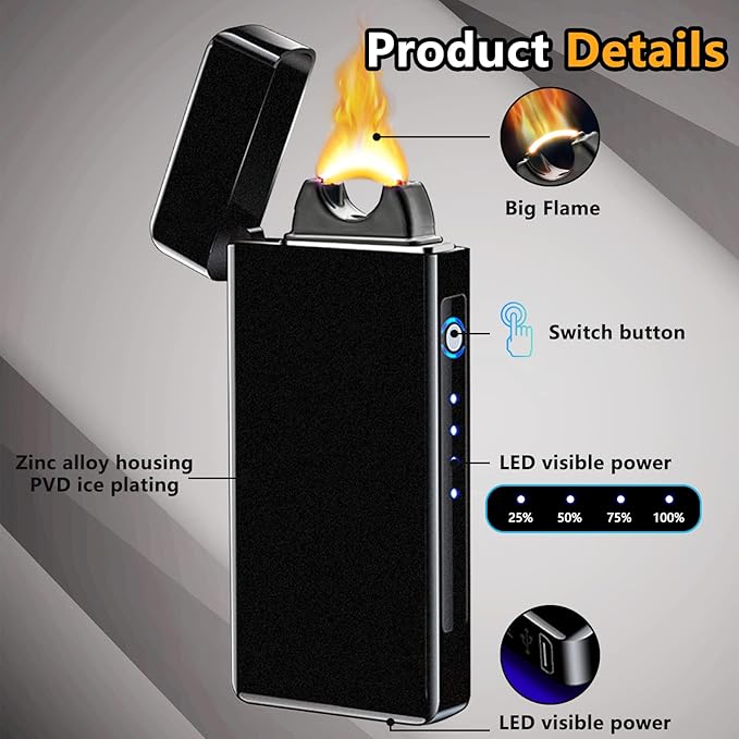 Electric Arc Lighter - Windproof Plasma-Flame Lighter with Battery Indicator (Matte Black)