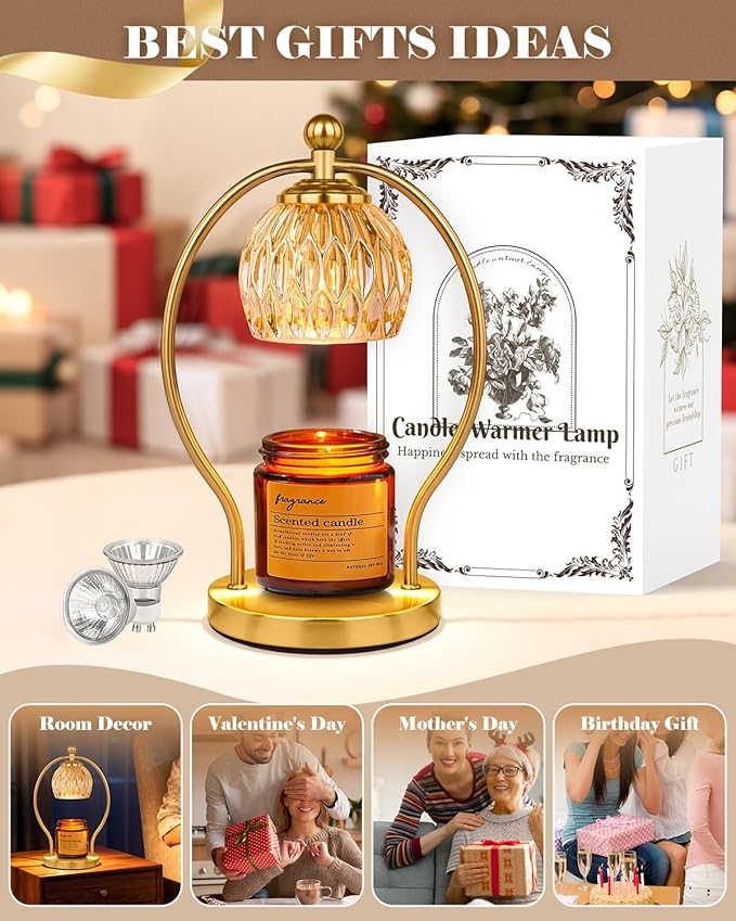 Candle Warmer Lamp, Dimmable Candle Warmer with Timer, Vintage Candles Wax Warmers for Jar Candles Birthday Gifts for Women Mom, New Home Decor for Bedroom Living Room, Gold