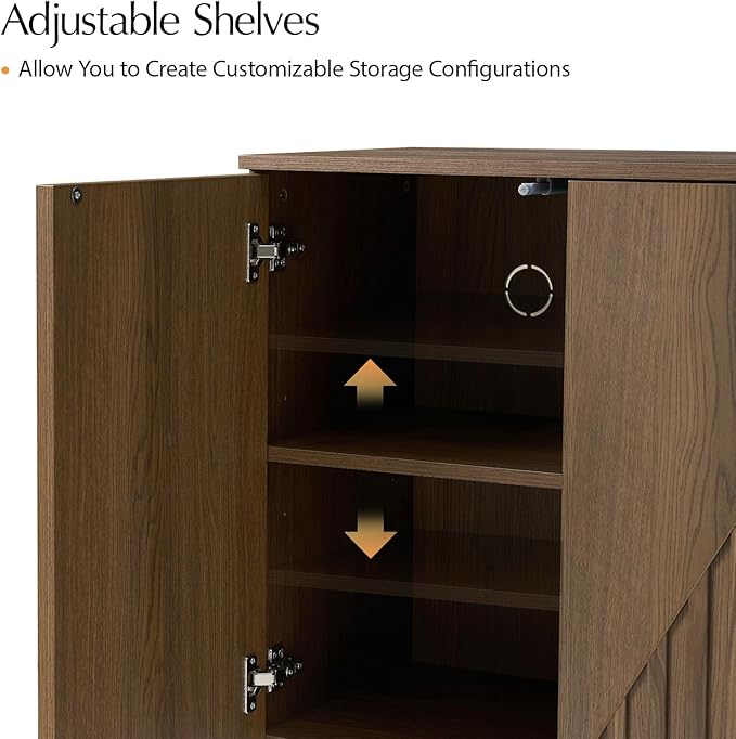HULALA HOME Mid Century Modern Solid Wood Sideboard with Triangle, 4 Door Fluted Buffet Cabinet with Storage, 58" Sideboard Cabinet with Adjustable Shelves, Walnut