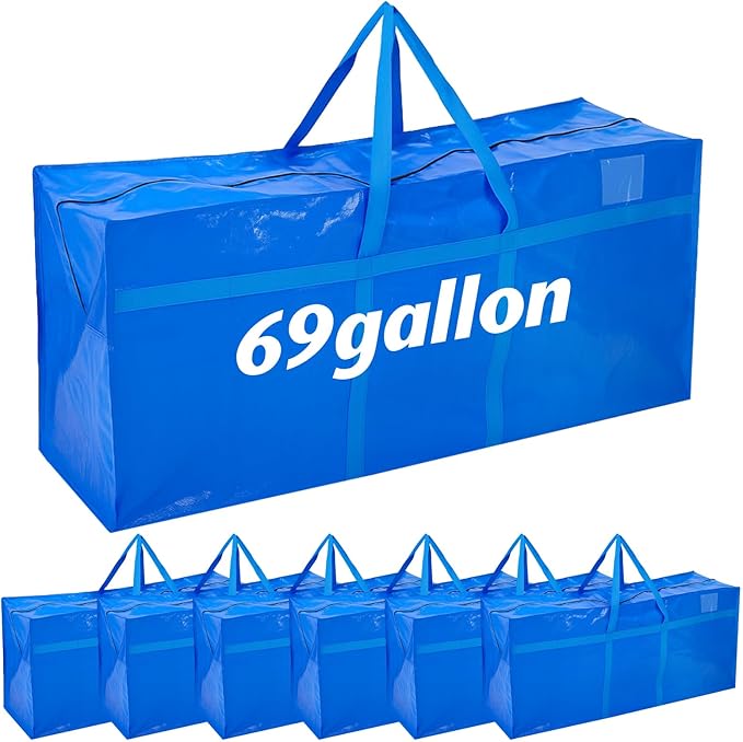 Windyun 6 Pack 69 Gallon Extra Large Moving Bags XXL Heavy Duty Storage Bag with Strong Zipper Handle Jumbo Big Tote Box Foldable for College Dorm Travel Clothes Duffle Blanket Pillow(Blue)