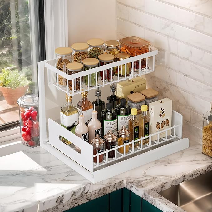 Under Sink Organizer, 1 Pack Pull Out Bathroom/Kitchen Under Cabinet Organizers and Storage, 2 Tier Metal Slide Out Under Kitchen Sink Storage Bathroom Undersink Organizers for Laundry Room