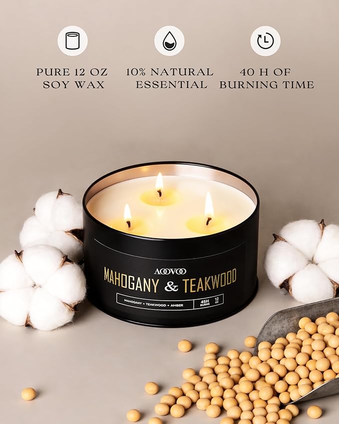 AOOVOO Mahogany Teakwood Candles for Men - 3 Wick 12oz Large Scented Candle, Long Lasting Soy Candles for Home Scented, Strong Fragranced Masculine Black Candle Gift for Women & Men