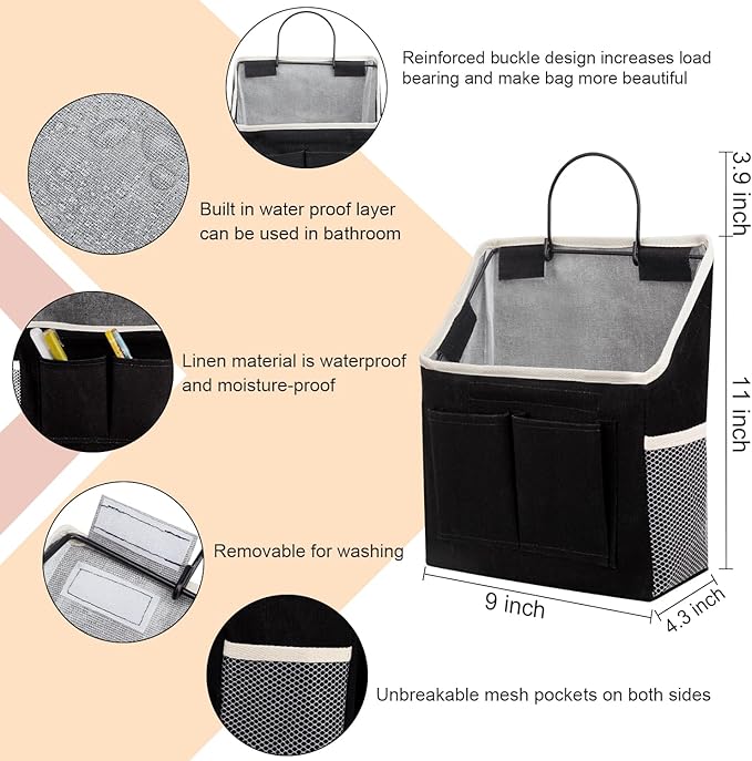 LYroo 2 Pack Black Wall Hanging Storage Organizer Basket with Pockets for Bathroom Bedroom Kitchen Dorm Room Essentials Rv Storage and Organization