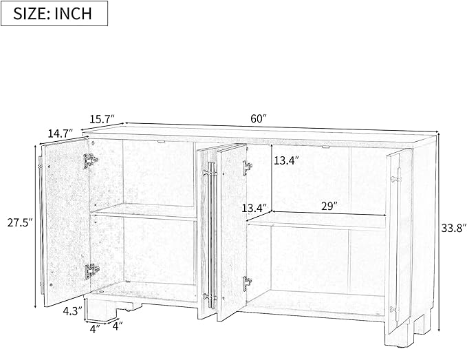 Amposei Modern Sideboard Cabinet 60-Inch Wood Console Storage Cabinet Credenza Dining Buffet Table with 4 Doors and Adjustable Shelves for Living Room Entryway, Navy Blue