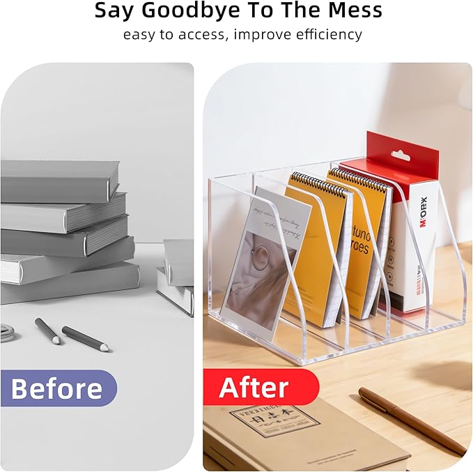 Acrylic Magazine File Holder, 4 Vertical Compartments Desk Document Sorter Organizer, Clear Folder Rack Binder for Office, Documents, Tablets, Magazines, Books – Home/Classroom Rack