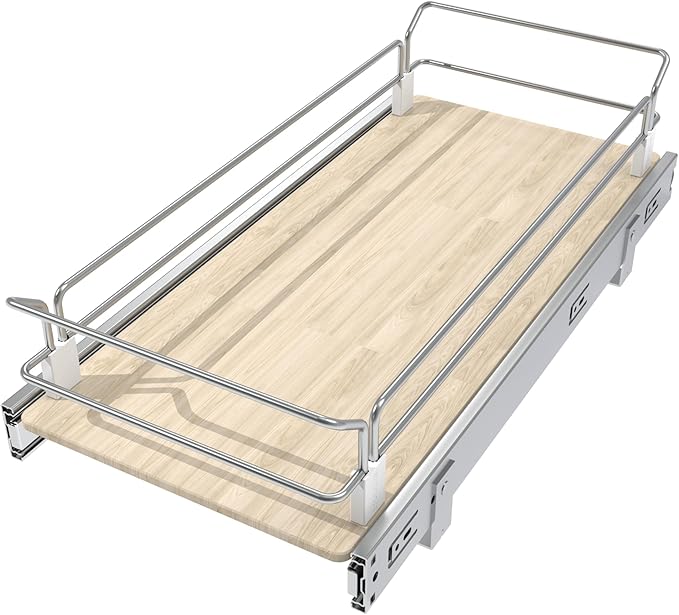 Pull Out Cabinet Organizer 11" W X 22" D, Slide Out Drawers For Kitchen Organizers and Storage, Pull Out Drawers For Cabinets Capacity Heavy Duty Caddy, Cabinet Shelves Wood Chrome, Pantry Storage