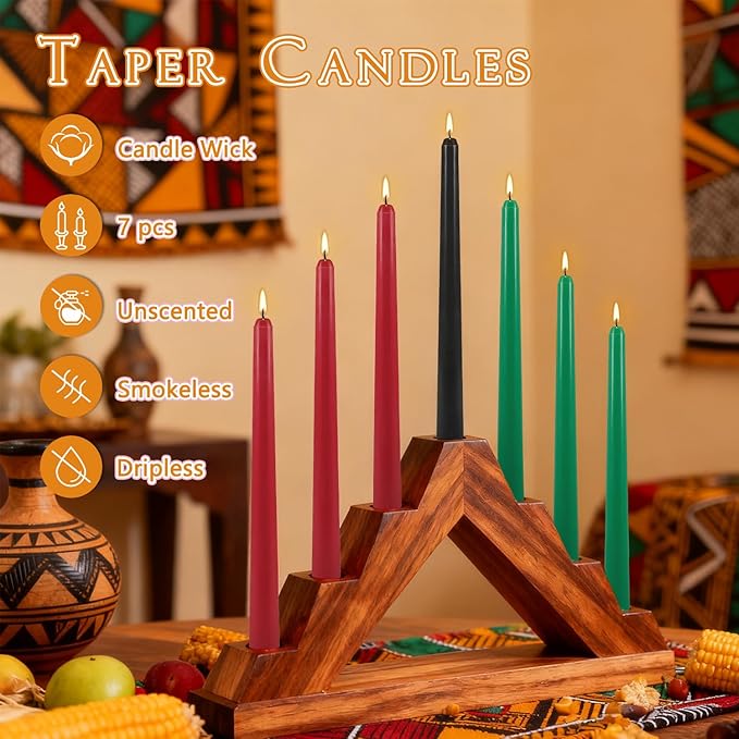 Kwanzaa Taper Candles, 3 Red,3 Green and 1 Black, 10 Inch Smokeless and Dripless Tall Candlestick, 8-8.5 Hour Long Burning time,African Holiday Mishumbaa Saba