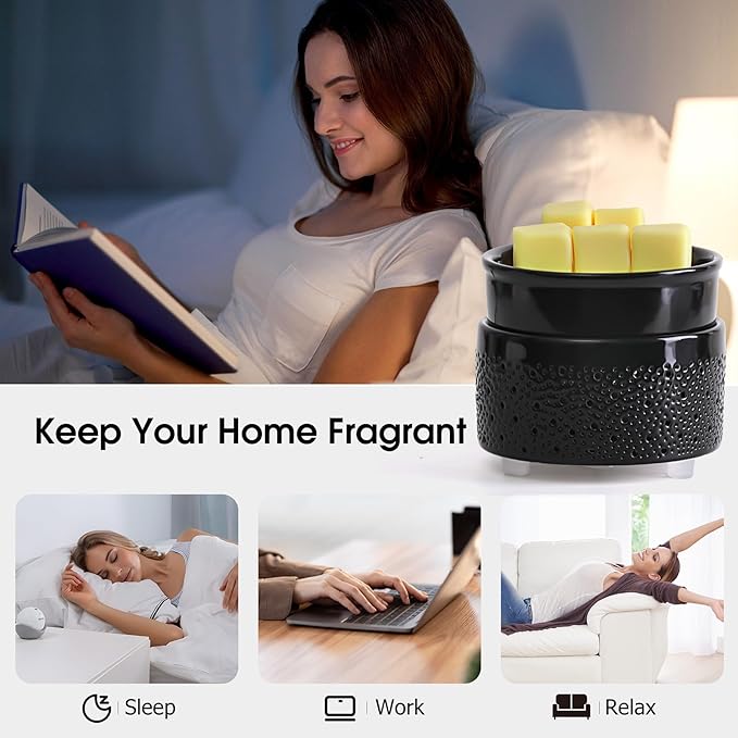Wax Melt Warmer 3-in-1, Ceramic Candle Warmer & Oil Burner with Starry Sky Holes & Auto-Fading 7-Color Light, Fragrance Warmer for Scented Wax, for Mom Wife Sister (Black)