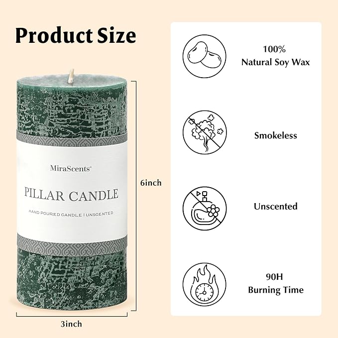 3x6 Inch Dark Green Pillar Candles Set of 3 - Hand-Poured Unscented Candles, Long Clean Burning, Dusty Sage Candle, Smokeless Dripless Candle for Dinner Table, Wedding, Home, Rustic Decor