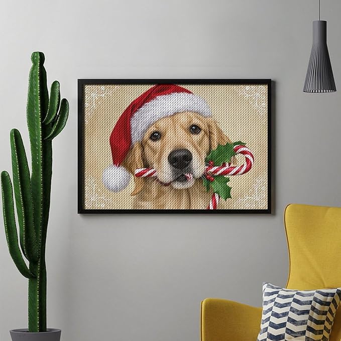 Diamond Painting Kits for Adults - Christmas Golden Retriever Puppy in Santa Hat with Candy Cane Painting DIY 5D Full Drill Diamond Dots Paintings with Diamonds Gem Art And Crafts Home Decor 8"x12"