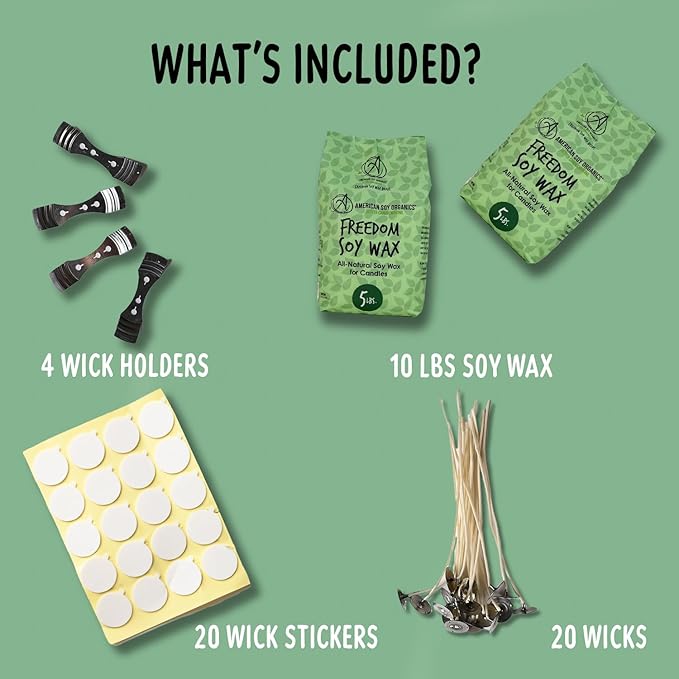 American Soy Organics Microwavable Soy Wax Beads for Candle Making – Premium Soy Candle Kit-10 pounds Freedom Soy Beads-4 Centering Devices- 20 Wick stickers-20 6-inch pre-Waxed Wicks