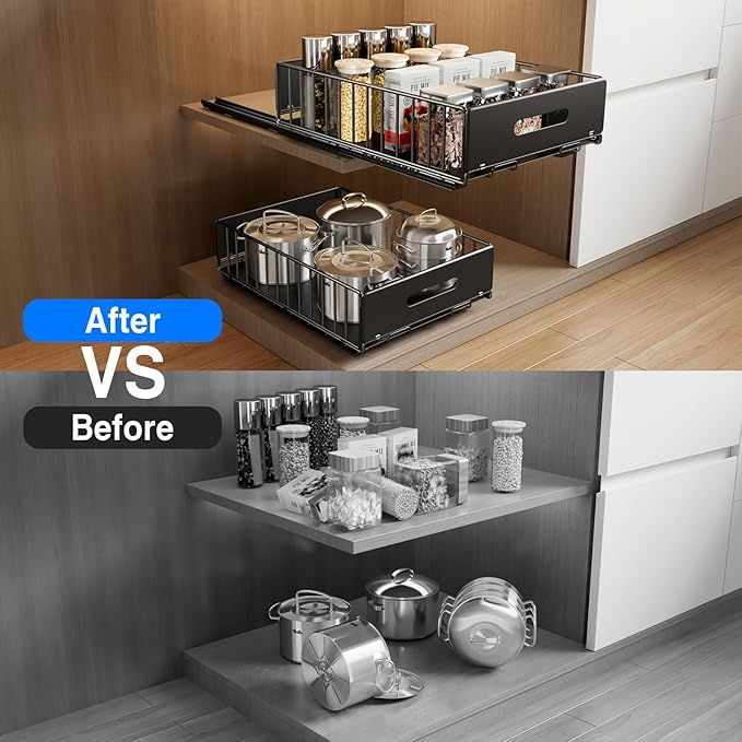 2 Pack Pull Out Cabinet Organizer, Slide Out Drawers for Cabinets, Peel and Stick, Heavy Duty Shelves for Kitchen, Cupboard, Pantry, Bathroom (16.5"D*11.8"W*3.94"H-Black)