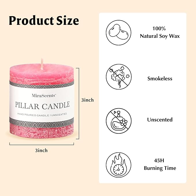 3x3 Inch Pink Pillar Candles Set of 3 - Hand-Poured Unscented Candles, Long Clean Burning, Smokeless Dripless Candle for Dinner Table, Home, Bathroom, Wedding, Valentines Day Decor