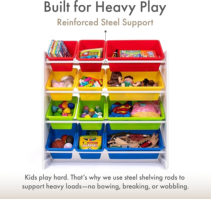 Humble Crew Kids Toy Storage Organizer with 12 Plastic Bins, White/Primary – Removable Bins for Playroom, Bedroom, Toddler Furniture for Boys and Girls Ages