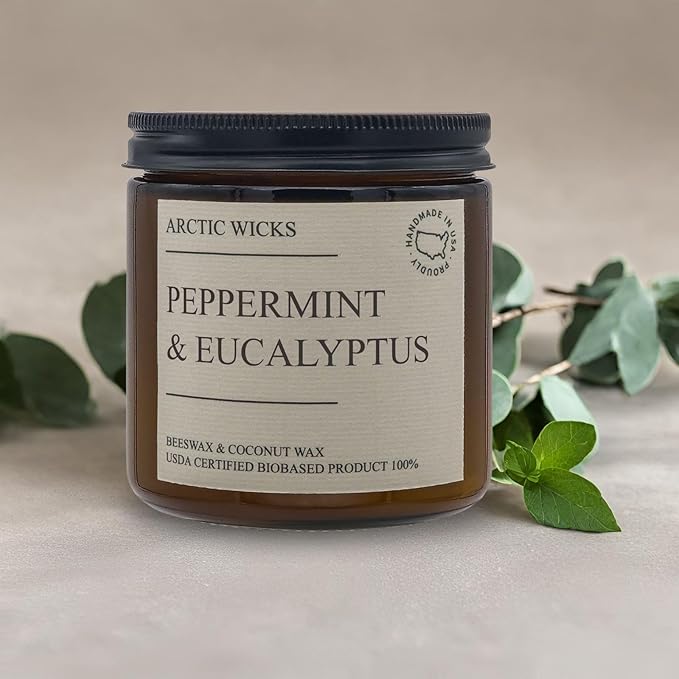 Peppermint & Eucalyptus Candle | Arctic Wicks Non Toxic Coconut Beeswax Candles | Natural Coconut Beeswax 16oz Amber Jar | Spa Wellness Candles Wax Non-Toxic Clean Burn 100% USDA Certified Biobased
