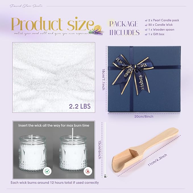 MTLEE Pearled Candle 2.2 Lb/35oz Scented Sand Candle Kit Include 50 Wicks, Bow Gift Box, Spoon Reusable Pearled Wax for Mother Mom Day Gift DIY Home Kit(Lemon Lavender)