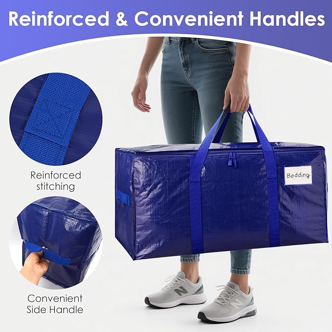 SINLAND 4 Pack Extra Large Heavy Duty Moving Bags with Strong Zippers, Reinforced Handles and Tag Pocket, Packing Totes Supplies for College Dorm Room, Packing Bags for Saving Space (Blue)