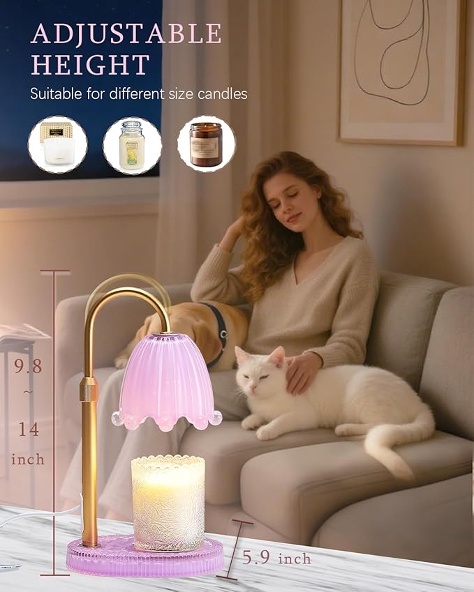 Flower Candle Warmer Lamp with Timer, Vintage Adjustable Glass Warmer Light for Jar Candles, Electric Wax Warming Melter, Gifts for Women Mom, Bedroom Decor (Purple-Flower)