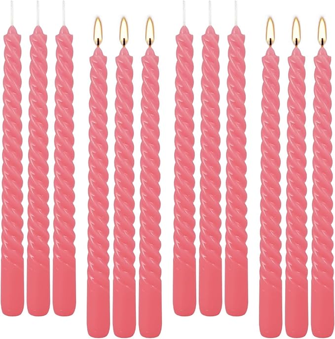 10 Inch Pink Spiral Taper Candle Set of 12 Pack Unscented Dripless Candlesticks for Valentine's Day,Dinner,Party,Brithday,Wedding,Christmas,and Home Decoration