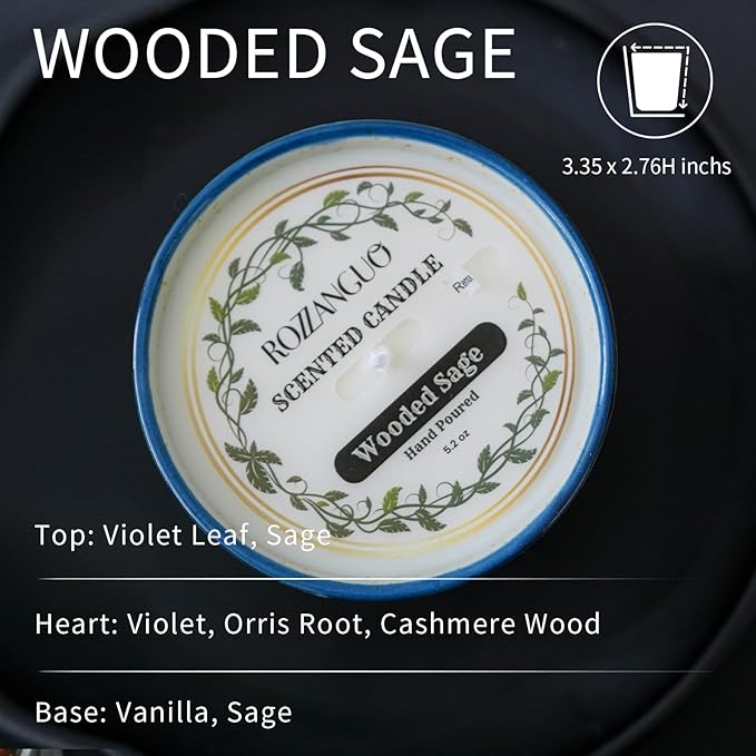 Luxury Textured Ceramic Jar Scented Candle | Non Toxic 100% Natural Coconut & Soy Wax Blend Cotton Wick | 5.2oz | Hand Poured Highly Scented Long - Lasting | Women & Men | (Wooded Sage)